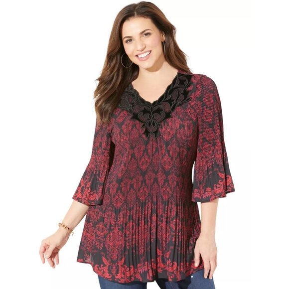 Cathrines Womens Velvet Trim Pleated Black Red Blouse Floral Top Plus Size 4X u - Picture 1 of 12